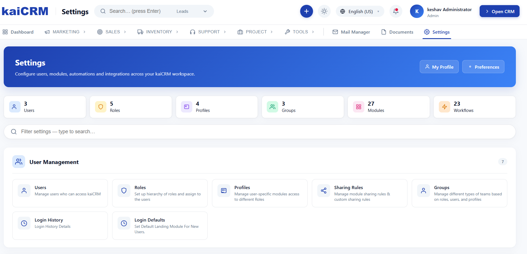 KaiCRM administration and integrations