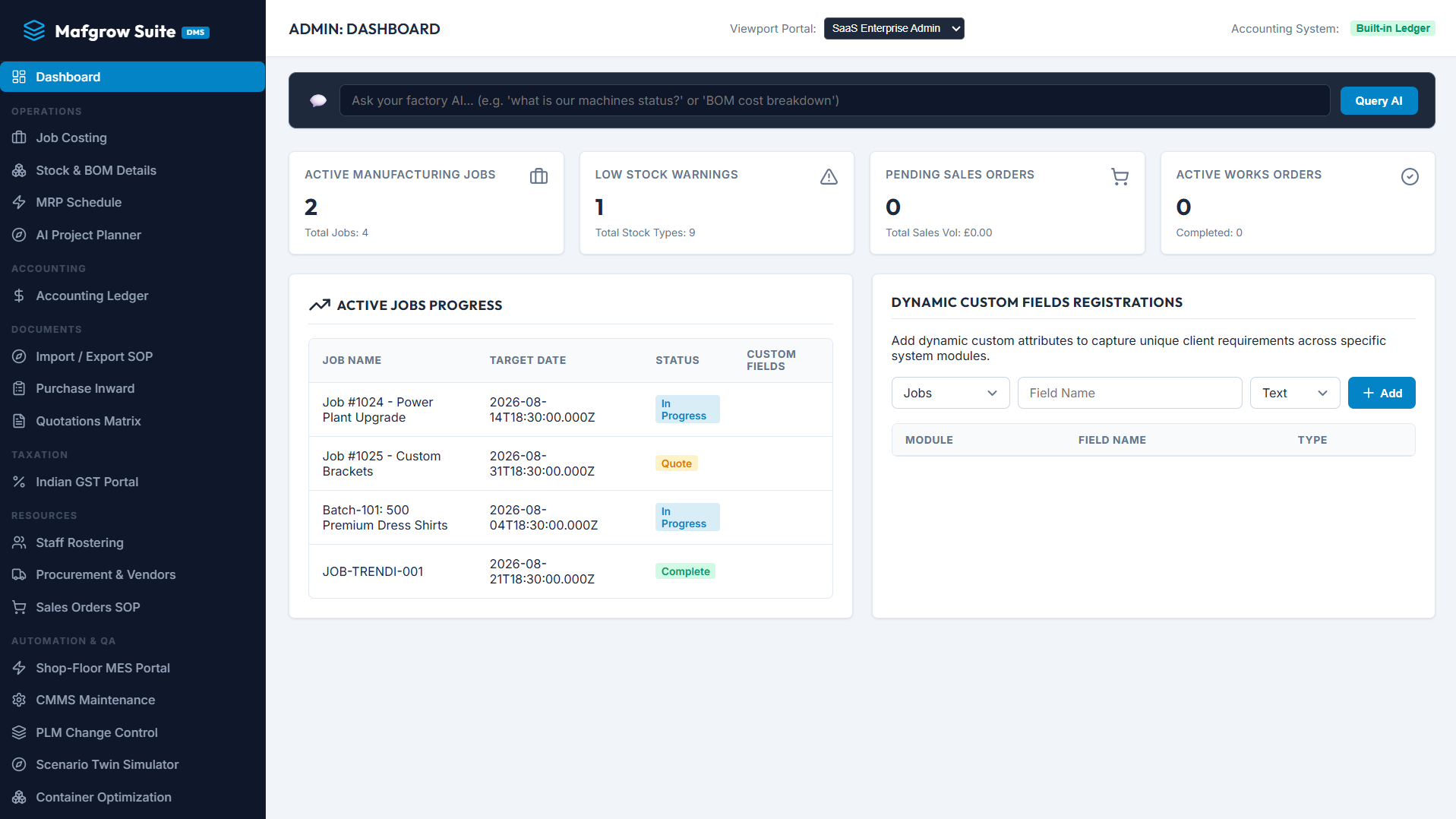 MafGrow manufacturing operations dashboard